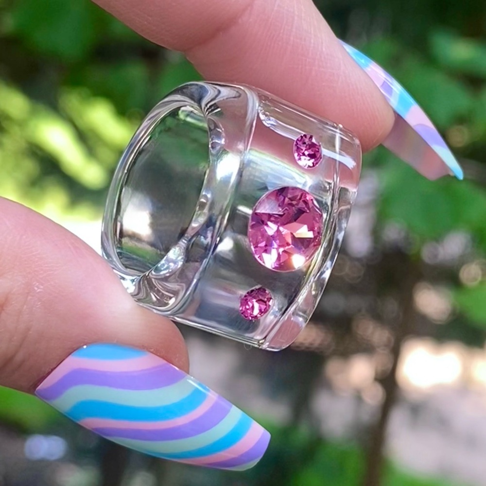 Transparent Lucite Statement Ring With Pink Swarovski Crystals, Modern Cube Ring